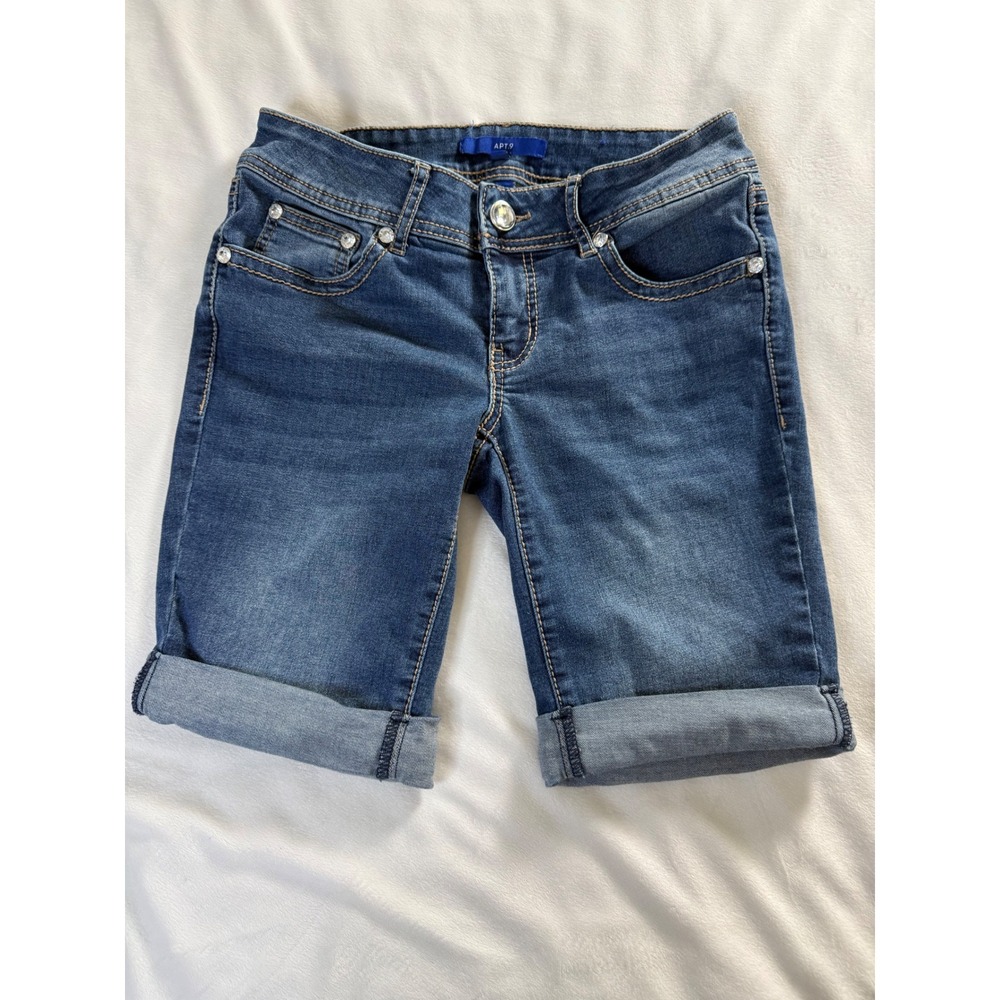 Apt 9 Womens Bermuda Denim Shorts Size 2 Blue Embellished Rhinestone Cross Cuff